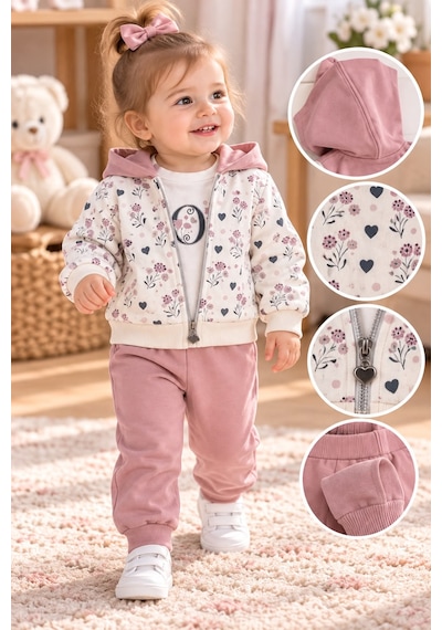 Babywood Love Baskılı Kız Üçlü Takım 9-24 Aylık -dü26761331 - Gül Kurusu