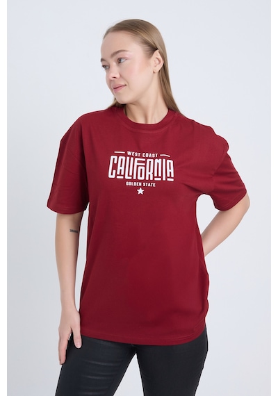 Kadın Oversize Baskılı T-shirt Bordo California Bordo