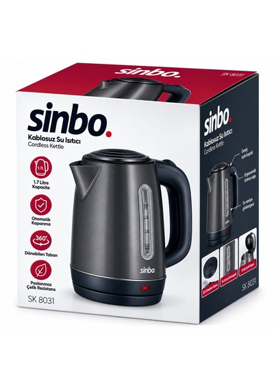 Gri Çelik Kettle Su Isıtıcısı Kablosuz Kullanım 1.8lt 360 Derece Dönebilme Otomatik Kapanma Sk-8031