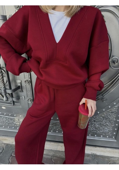 Ramımse Geniş V Yaka Üç İplik Sweat Takım - Bordo Bordo