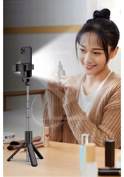 Bay Led Işıklı Selfie Çubuğu Bluetooth Kumandalı Kablosuz Tripot Selfie Monopod Selfie Stick Pembe Najmaddin