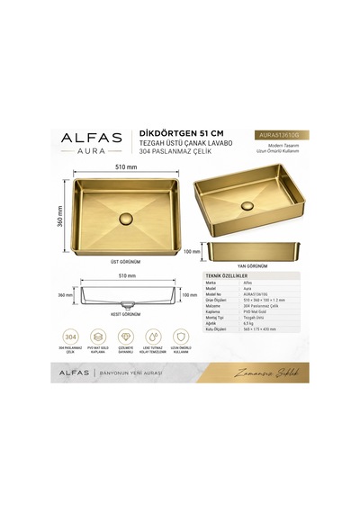 Alfas Aura 51x36cm Dikdörtgen Tezgah Üstü Tezgah Altı Çanak Lavabo Pvd Mat Gold 304 Paslanmaz Çelik
