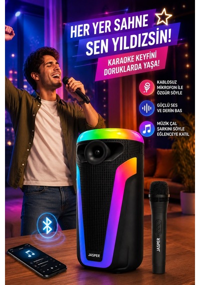 Jasper-1547 Işıklı Mikrofonlu Bluetooth Hoparlör Radyo-bt-usb-mic Uyumlu