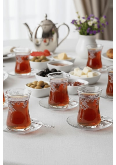 Florale Model Desenli Şeffaf Cam Çay Seti 12 Parça Çay Takımı Şeffaf