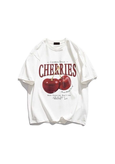 Noıssey Beyaz Red Cherries Baskılı Oversize Unisex Beyaz Çocuk