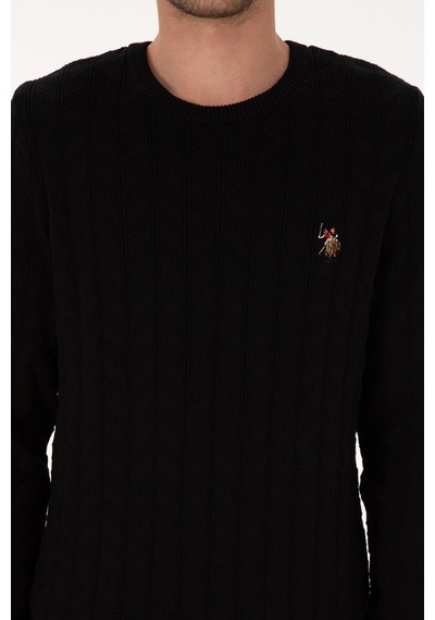 U.S. Polo Assn. Erkek Slim Fit Bisiklet Yaka Desenli Siyah Kazak 50307836-VR046