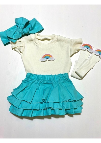 Özge Başaran Kız Bebek Mint Fırfırlı Şortlu Etek, Kolsuz Bluz, Gökkuşağı Figürlü Çorap Fiyonklu Mint