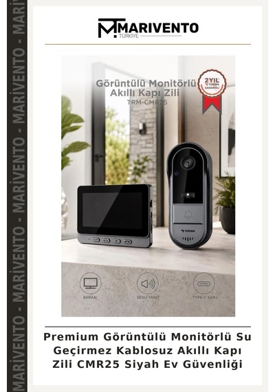 Premium Görüntülü Monitörlü Su Geçirmez Kablosuz Akıllı Kapı Zili Cmr25 Siyah Ev Güvenliği