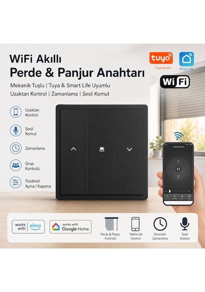 Novato Wifi Perde Panjur Kepenk Anahtarı - Siyah, Mekanik Tuşlu Akıllı Duvar Anahtarı, Tuya, Smart Life Uyumlu