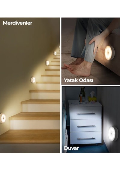 10 Adet Merdiven Koridor Yatak Odası Dolap İçi Aydınlatma Hareket Sensörlü Kablosuz Led Gece Lambası Beyaz - Beyaz Işık