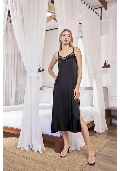 Ang Butik Kadın Dantelli Tüllü Ve Dekolteli Saten Sabahlık Takımı Siyah