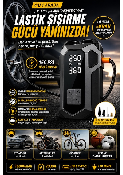 Merwish 16000mah 4'ü 1 Arada Akü Takviye Cihazı 2000a Hava Kompresörü Powerbank Led Fener Dijital Ekran Çantalı