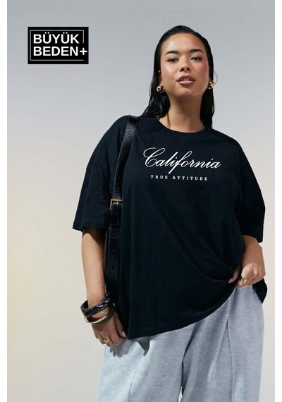 Superlife Süperlife Kadın Büyük Beden El Yazılı California Baskılı 3xl-6xl Bisiklet Yaka Tshırt Spr25btsk510-7 Siyah