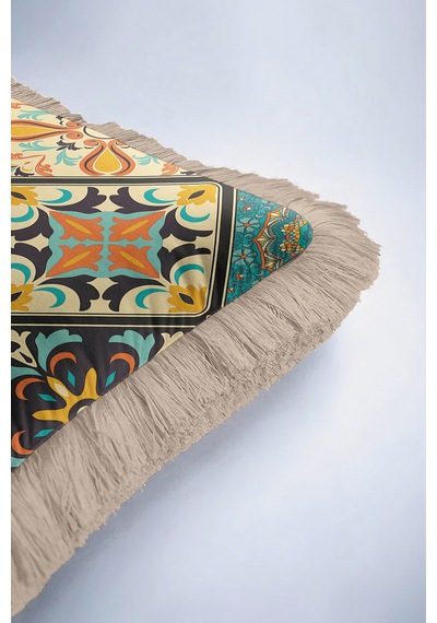 Oriental Lüks Saçaklı Yastık Kılıfı - Vintage Etnik Mint Yeşil Püsküllü Kırlent Kılıfı Grili Kobalt Mavi