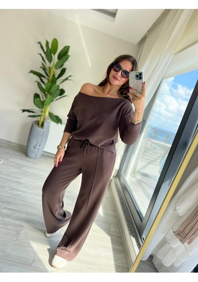 Efnaz Style Kadın Uzun Kollu Tek Omuzdan Açık Modal Bluz Ve Pantolon Ikili Takım Kahve