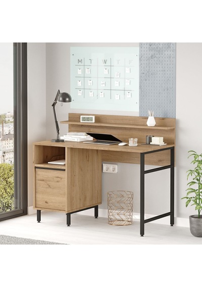 Bohem Çalışma Masası 60x120cm Raflı Dolaplı Metal Ayaklı Sepet Boh16-s Kahverengi