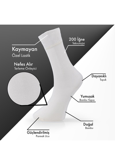 Saf Bambu Erkek Soket Uzun Düz Kırık Beyaz Çorap Dikişsiz Premium Kutulu 6'lı L5952aznb Softaura