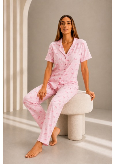 Kadın Kısa Kol Rahat Kalıp Şık Pembe Pijama Takımı