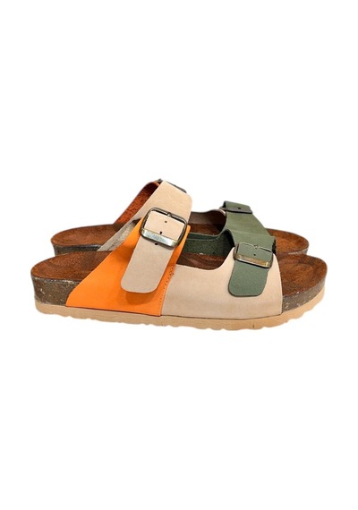 Bej Multi Hakiki Deri Nubuk Çift Bant Tokalı Mantar Taban Terlik Çok Renkli