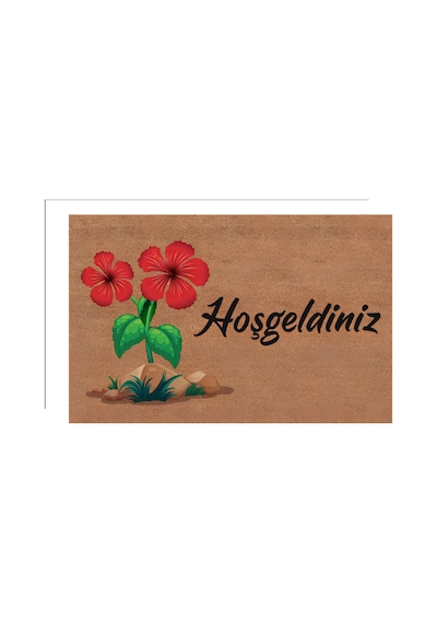 Kapı Önü Paspası Kaymaz Ağır Tabanlı Kırmızı Çiçek Desenli Hoş Geldiniz Dekoratif , Kolay Temizlenir 45x70 Cm Kod T5 Kahverengi