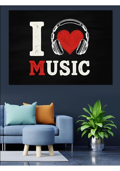 Ahşap Tablo I Love Music Kalp Kulaklık Dekoratif Tablolar