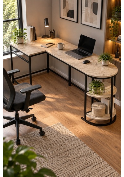 Sulorahome Tipi Köşe Çalışma Masası 2 Raflı Metal İskeletli Kahverengi Mermer Sulorahome Tipi Köşe Çalışma Masası 2 Raflı Metal İskeletli Kahverengi Mermer