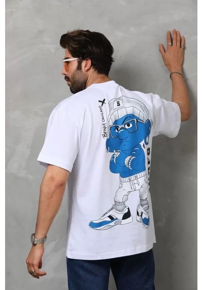 Valensdesign Unisex Bisiklet Yaka Baskılı Oversize T-shirt - Beyaz Siyah