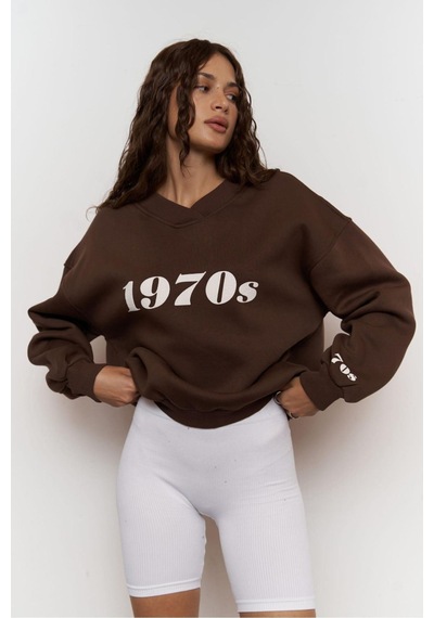 Kadın Katlamalı V Yaka 1970's Baskılı Oversize Sweatshirt Kahverengi