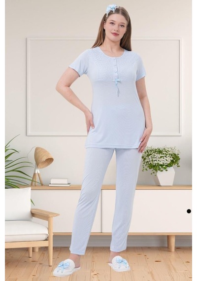 Mecit Pijama Mecit 1541 Bayan Hamile Lohusa Mavi Uzun Sabahlıklı Pijama Takımı