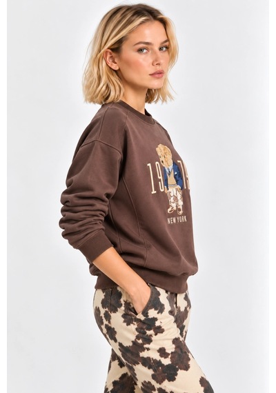 Mevese Kadın Rahat Kesim Teddy Ayıcık Nakış Detaylı Sweatshirt- Kahverengi
