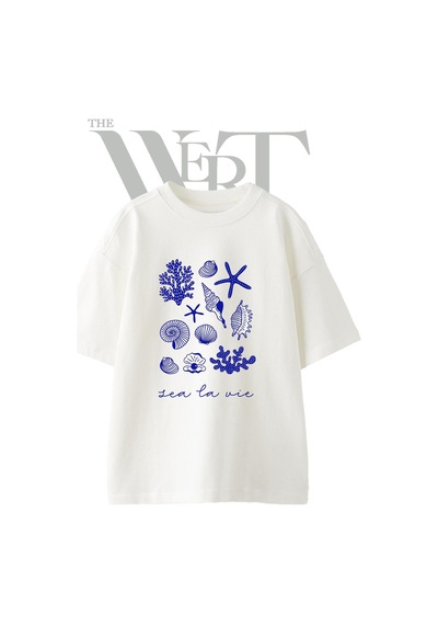 Thewert Deniz Canlilari Tasarım Baskılı Ünisex Beyaz Oversize T-shirt