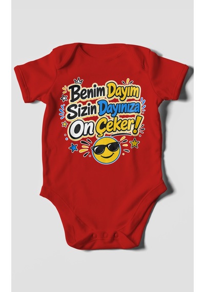 Morivokids Benim Dayım Sizin Dayınıza On Çeker Kısa Kollu Bebek Body %100 Pamuk Kırmızı