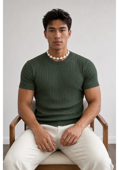 Tarz Cool Erkek Slim Fit Fitilli Triko Tişört Bisiklet Yaka Premium Pamuk Basic Yazlık T-shirt Haki