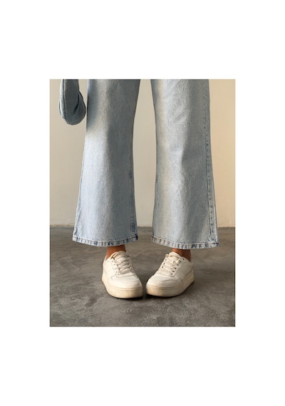 Blue Marlın Buz Kar Yüksek Bel Bilek Boy Kot Bol Paça Jeans Buz Kar