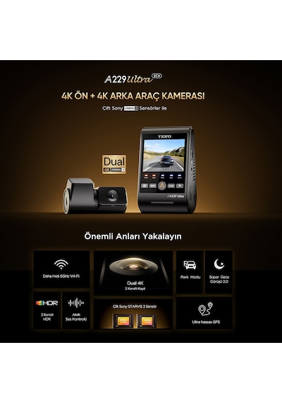 Viofo A229 Ultra 2 Kameralı Ön Ve Arka 4k+4k Sony Starvis 2 Sensörlü Dual Hdr Wi-fi 6 Gps'li Araç Kamerası