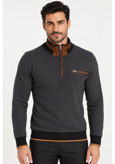 9039 Dewberry Erkek Sweatshırt-desenli Antrasit - 1
