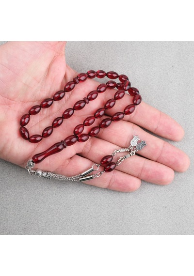 Sıkma Kehribar Beyzi Kesim Alpaka Püsküllü 7x11mm Tesbih Kırmızı