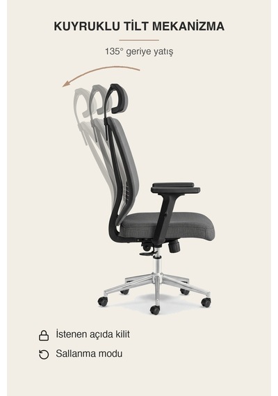 Upstyle Poyraz Başlıklı Fileli Ergonomik Çalışma Koltuğu Gri Krom Koltuk 66 125 65 Cm