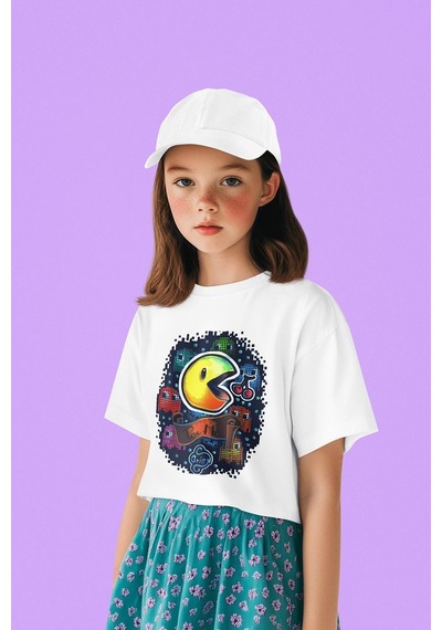 Sevbano Pacman Baskılı Unisex Oyun Çocuk Tişört 1-12 Yaş Beyaz