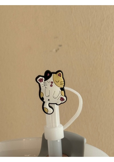 Sevimli Kedi Model Silikon Toz Geçirmez Sızdırmaz Pipet Kapağı 1 Adet Termos Ile Uyumlu Beyaz