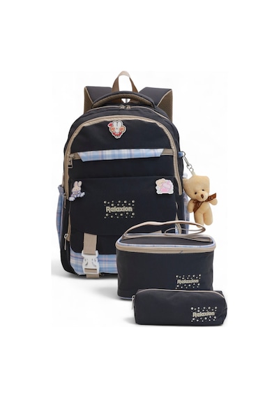 Relaxion 2144-1396 Kore Tarzı Unisex Çocuk Üçlü Set İlkokul Sırt Çantası Siyah - Mor