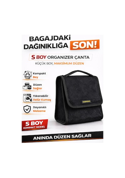 Oto Bagaj Organizer Bagaj Çantası S Boy Kaymaz Cırt Bantlı Velur Kompakt - Siyah