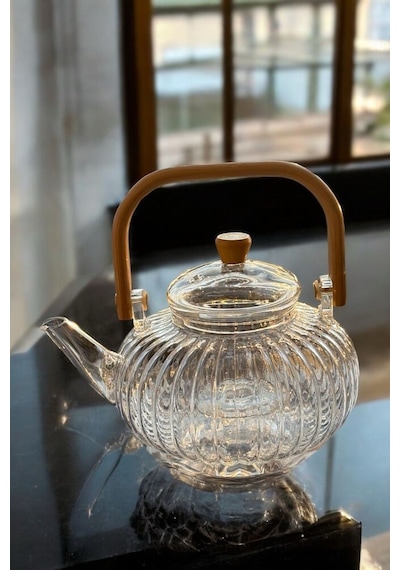 Morponi Borosilikat Cam Bambu Saplı Cam Süzgeçli Ve Cam Isıtıcı Papatya Demlik 1000 Ml Şeffaf