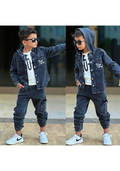 My Kids Wear Erkek Çocuk Bayramlık Kapüşonlu Kot Ceket, Pantolon & Tişört 3 Lü 12488 Füme