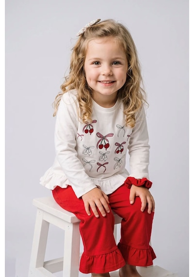 Zuzunga Kız Çocuk Cherry Fiyonk Desenli Fırfırlı Pijama Takımı Toka Hediyeli Kırmızı
