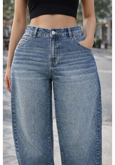 Cedy Denim Cedy Denım Yüksek Kalite Kadın Yüksek Bel Baggy Skater Jean Mavi