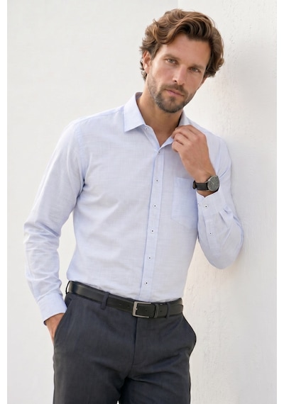 Tudors Erkek Regular Fit Klasik Kesim Oversize %100 Pamuk Keten Doku Mavi Gömlek-42665
