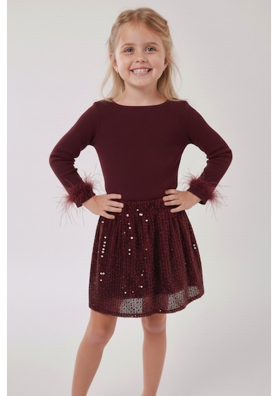 My Kids Wear Kız Çocuk Bayramlık Bordo Payet Etek Takımı 12530 Bordo
