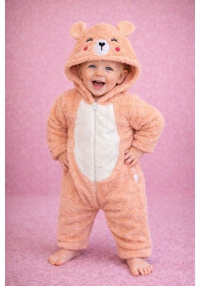 Kışlık Tatlı Ayıcık Figürlü Kapüşonlu Peluş Bebek Tulum Somon