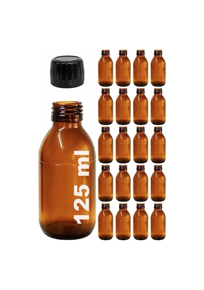 Amber Ecza Şişesi, 125 Ml, Kahverengi Cam, Plastik Contalı Kilit Kapak, Hava Ve Sıvı Sızdırmaz, 28mm Ağız Çaplı, Parfüm Demlemek İçin Uygun, 20 Adet 125 Ml, Siyah Kapak